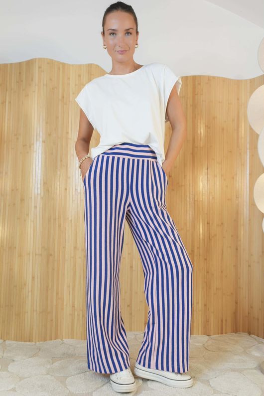 Shoreditch Stripe Lounge Flare Trouser Navy & Sweetpea /14=